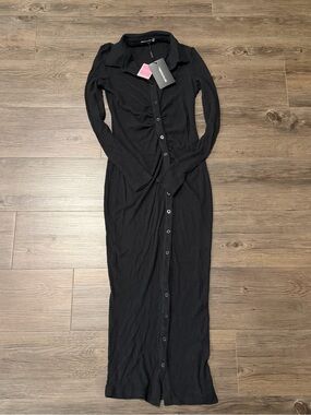 PrettyLittleThing Black Ribbed Button-Front Maxi Dress